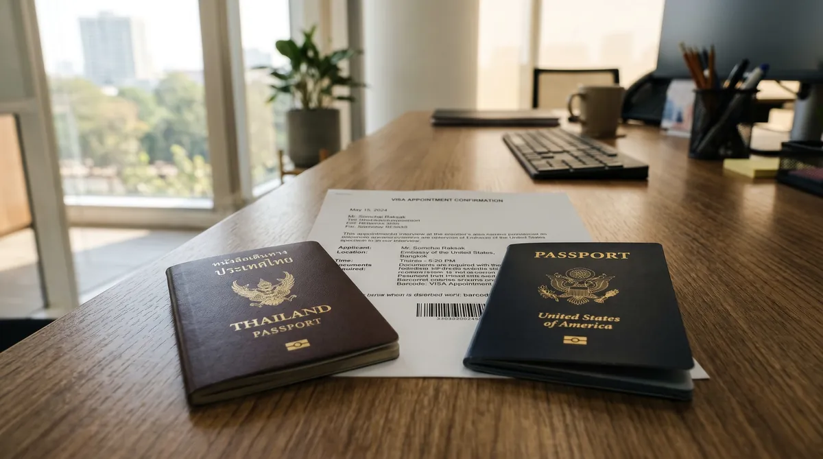 Thai and American passports side by side on a desk with US Embassy Bangkok appointment papers