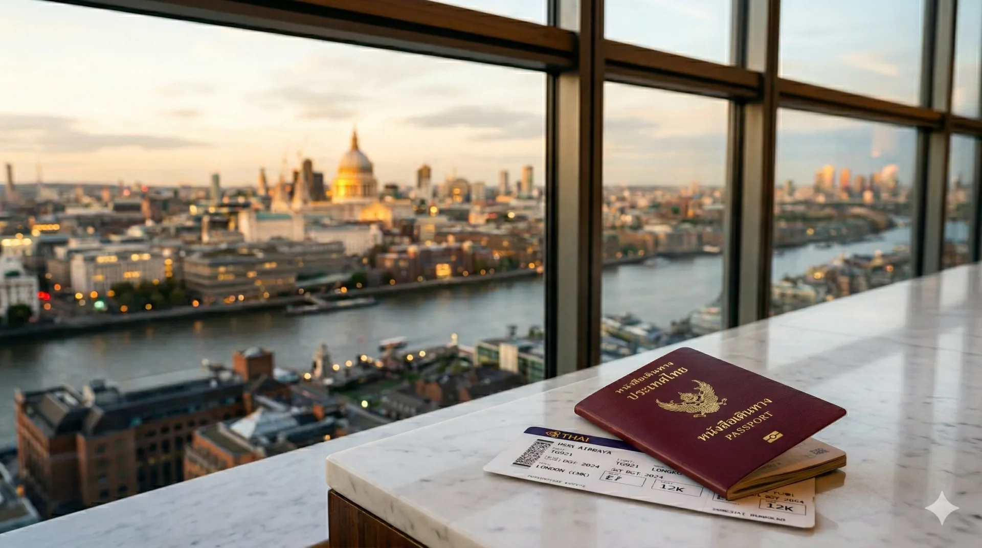 Thai passport and boarding pass on a window ledge overlooking a European city skyline at sunset